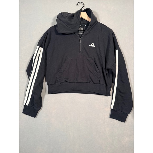 adidas Tops - Adidas Womens Quarter Zip Cropped Hoodie Black White Stripes XS